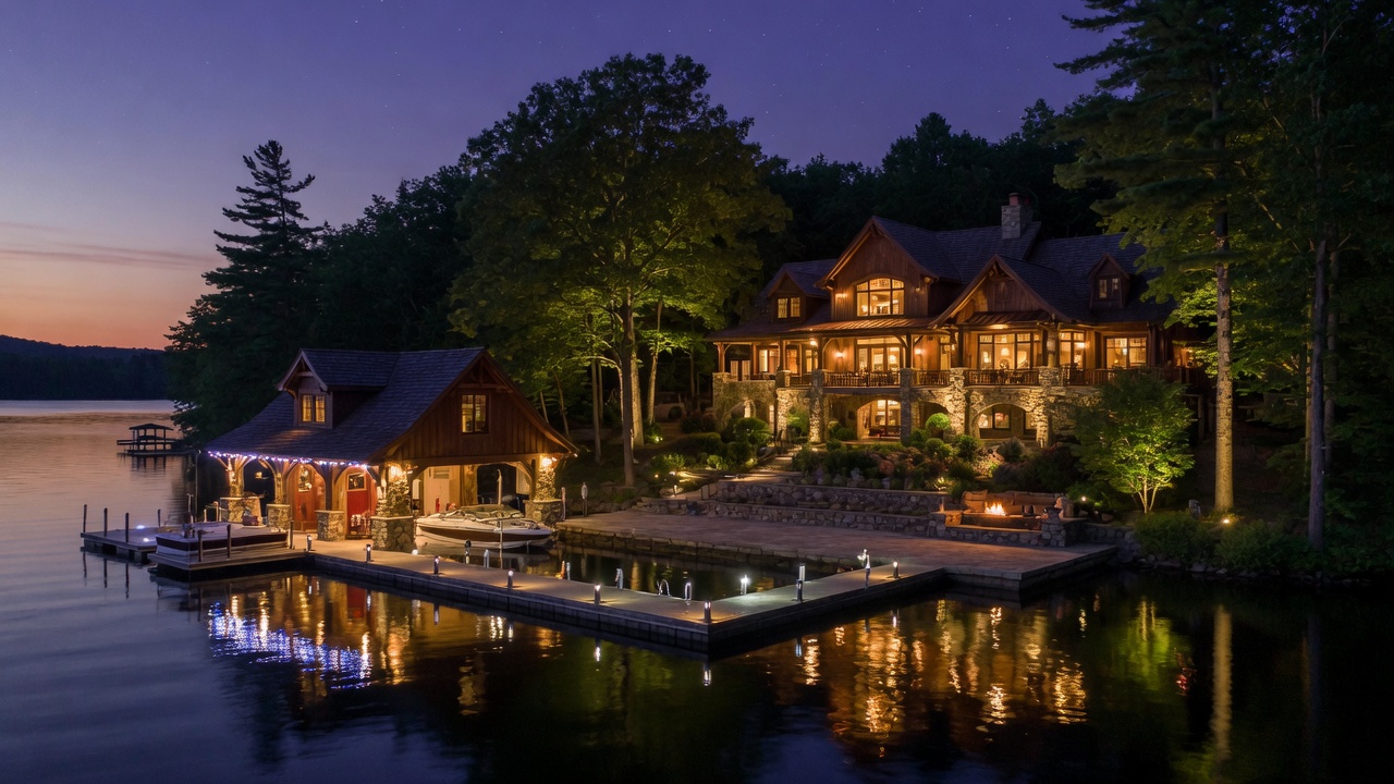 Lake Burton home at night with professional landscape lighting on the house and boathouse, warm glow and reflections on the water