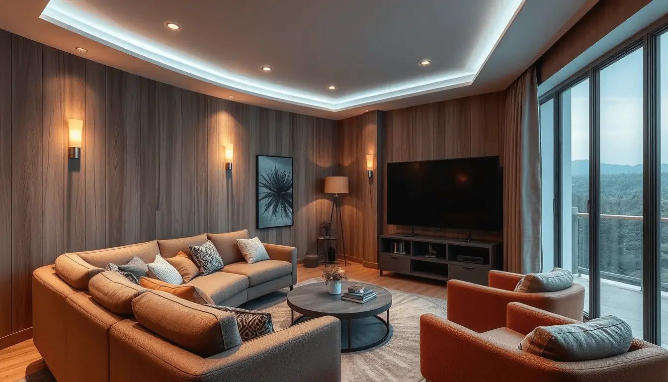 Dedicated home theater with a large screen and leather seating